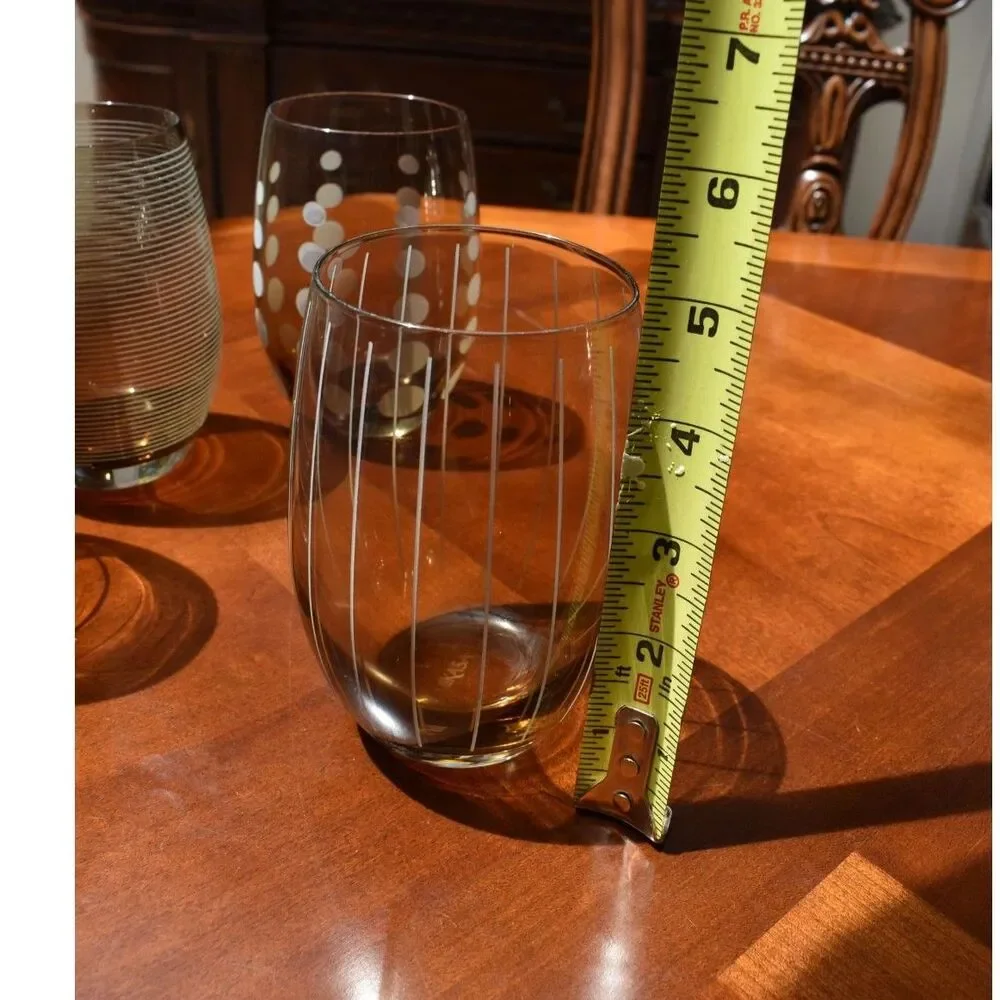 Set of 4 Mikasa Cheers Amber Etched Stemless Wine Glasses 17oz Dots Swirl Lines